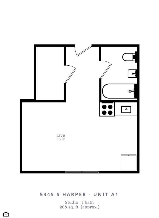 Floor plan for studio, 1 bath, 268 sqft